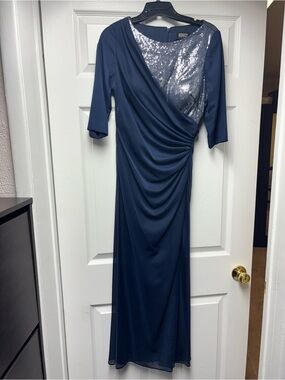 Adrianna Papell Navy Long Sleeve Sequin-Front Gown